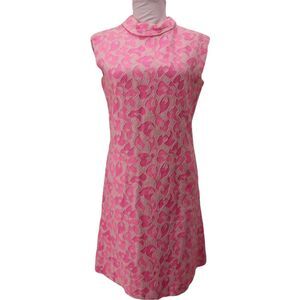 Vintage 1960's Cocktail Dress Womens Med Pink Cotton Brocade Madmen Barbiecore